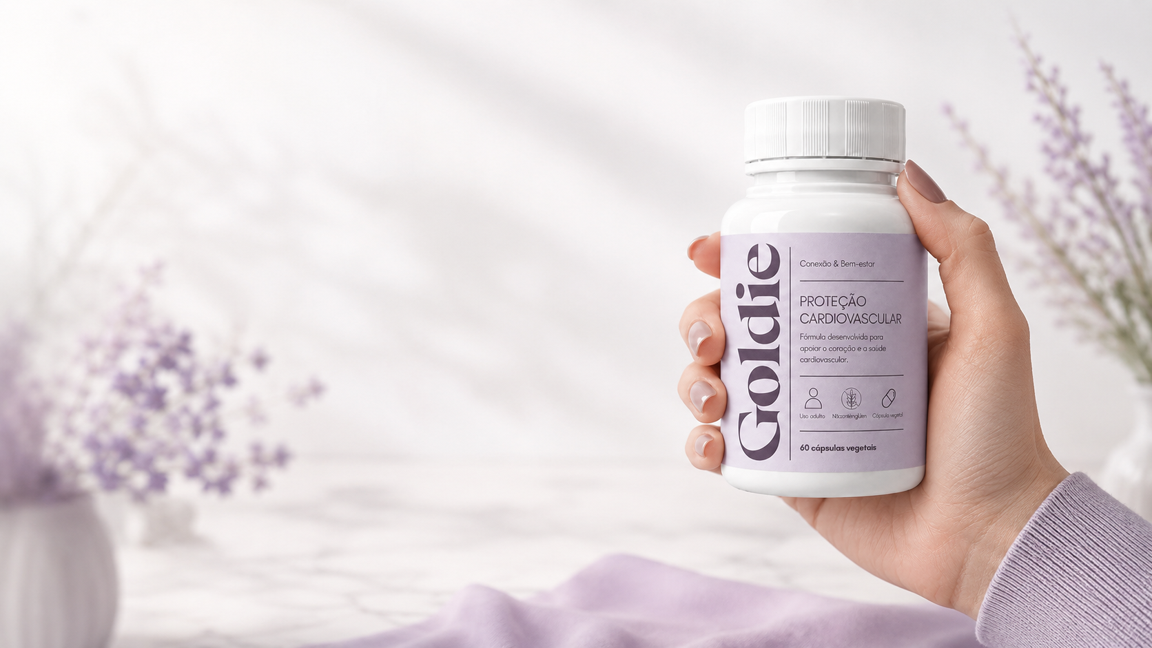 Mão segurando frasco Goldie Proteção Cardiovascular em ambiente claro com flores lilás