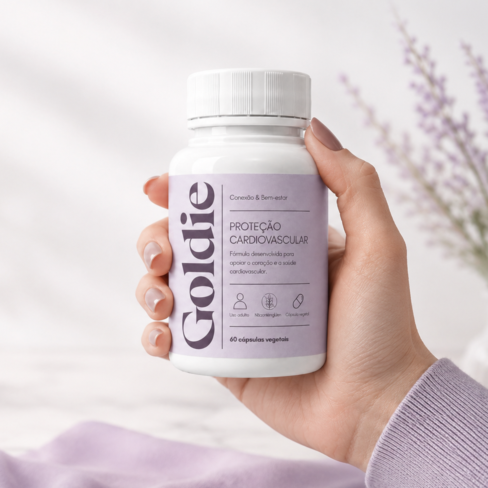 Mão segurando o frasco Goldie Proteção Cardiovascular