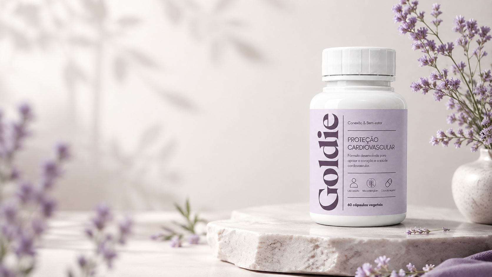 Frasco Goldie Proteção Cardiovascular em pedestal de mármore com lavandas