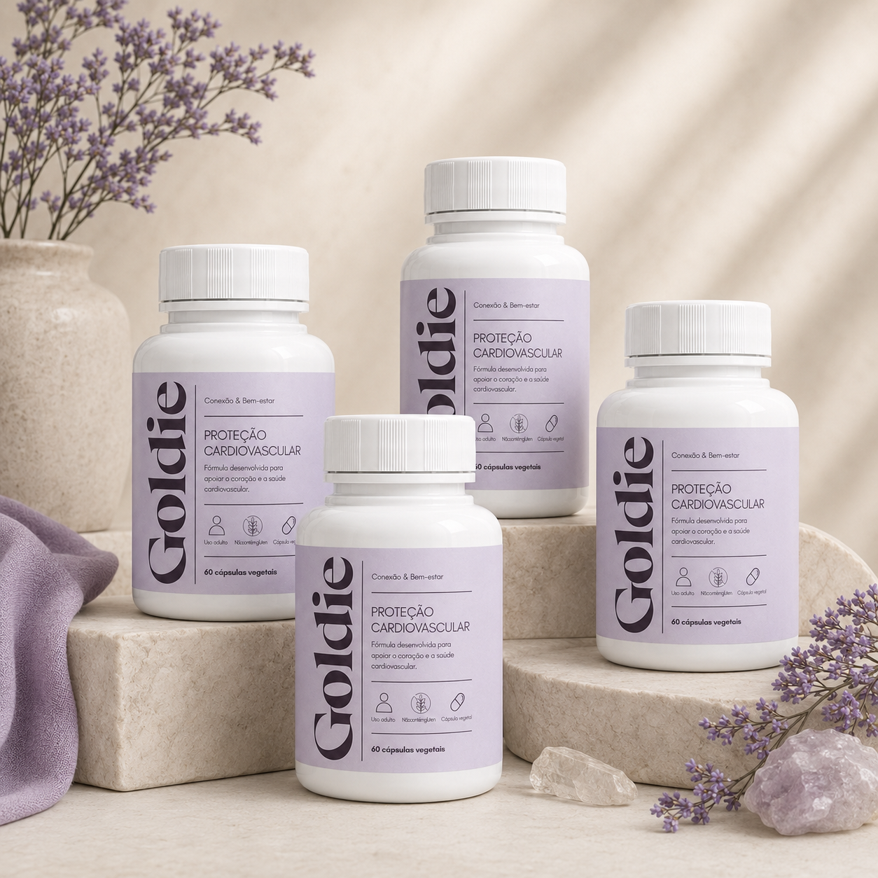 Quatro frascos Goldie Proteção Cardiovascular sobre blocos de pedra clara