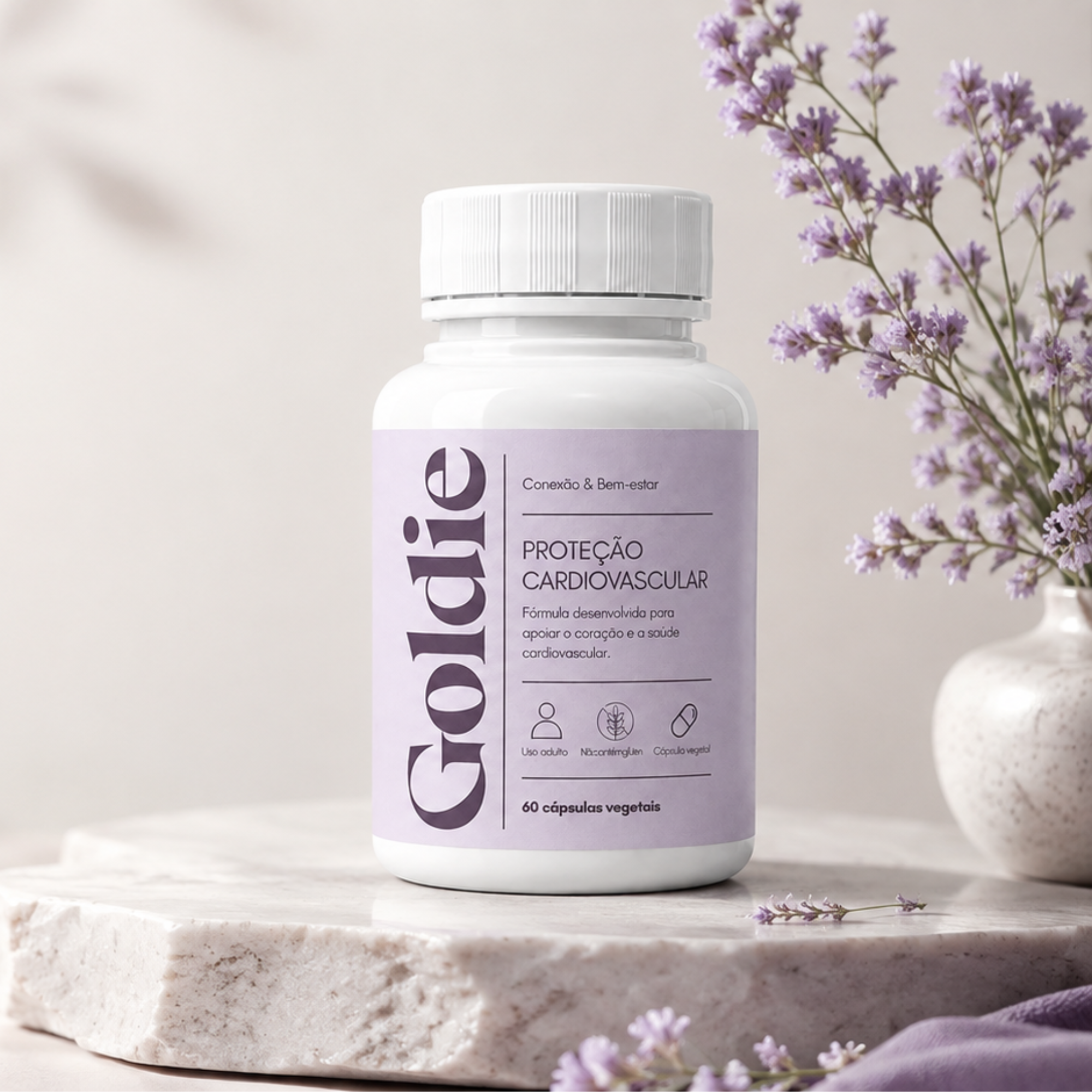 Frasco Goldie Proteção Cardiovascular sobre pedestal claro com flores lilás