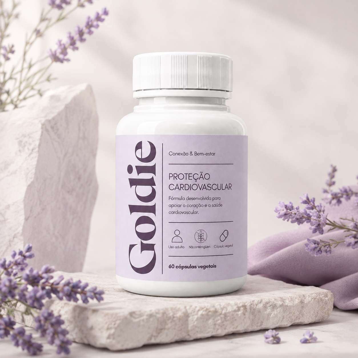 Um frasco Goldie Proteção Cardiovascular sobre pedra clara com lavandas